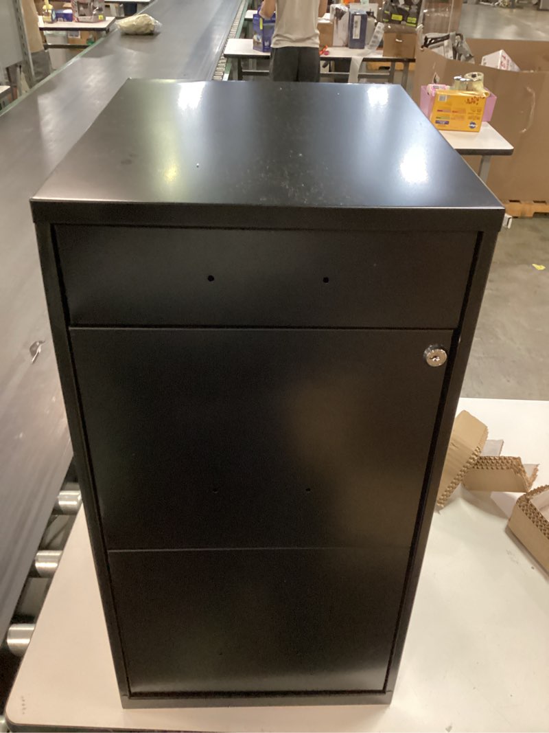 Condition photo showing As Is for space solutions 3 drawer letter width vertical file cabinet with pencil drawer, black