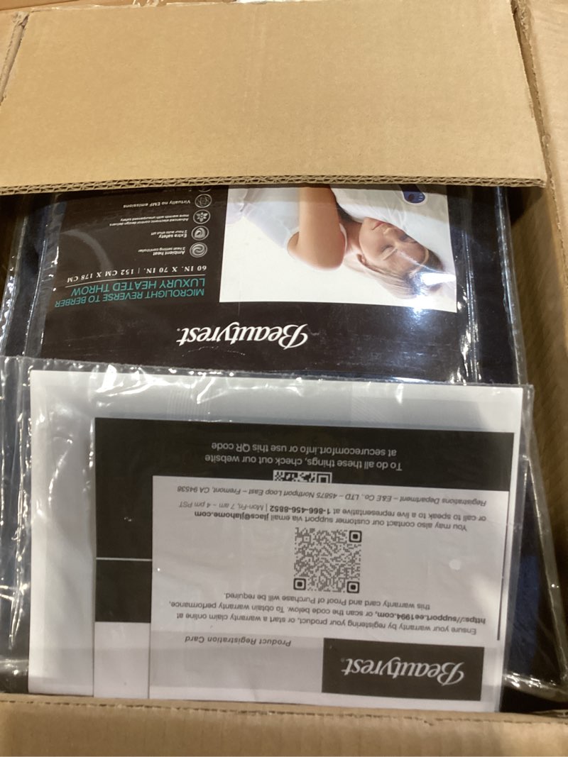 Condition photo showing New/Like New for beautyrest heated blanket, electric throw blanket, soft, warm, reversible plush - sherpa heating blanket throw, 3 heat settings, 2 hr auto shut off, machine washable, oversized 60 in x 70 in, indigo indigo throw (60 in x 70 in)