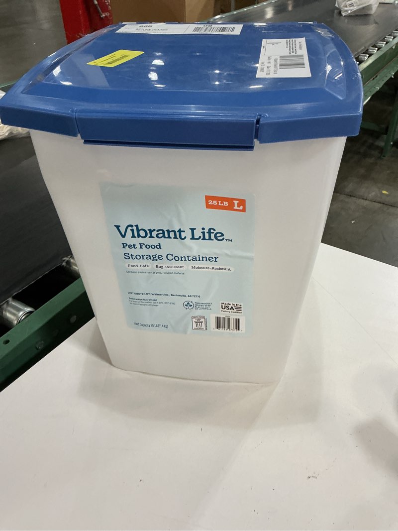 Condition photo showing As Is for vibrant life plastic pet food storage container with locking lid, 25 lb capacity