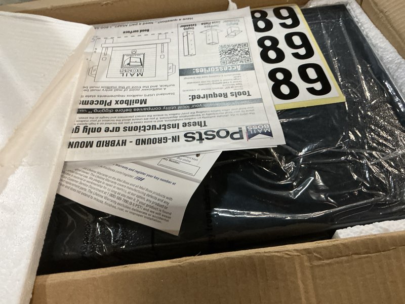 Condition photo showing New/Like New for mail boss 7500 mail manager pro curbside security, black locking mailbox with house numbers, mounting plate and pull out mail tray
