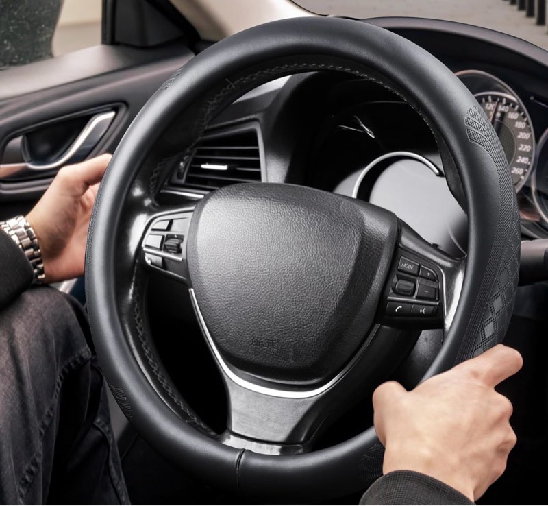 ?2025 Model? High-Grade Real Cowhide Steering Wheel Cover?Black Genuine Leather Steering Wheel Cover for Cars,Universal 15 inch Steering Wheels,Grid & Square Motif
