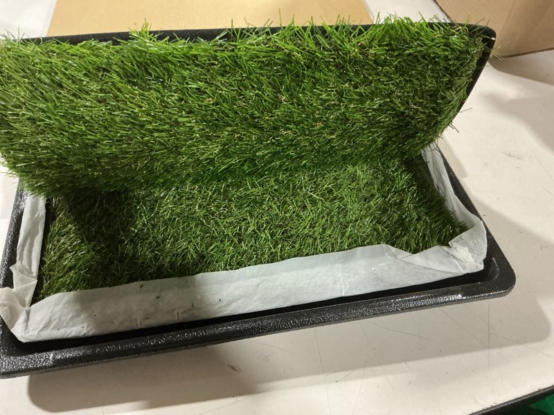 Condition photo showing As Is for hq4us dog grass pad with tray small 23" x 16" dog litter box toilet for puppy (no grate) with 2×artificial grass for dogs with hemmed edge, pee pads for dogs, realistic, less stink, potty for balcony s 23”×16” for dog? 19" length
