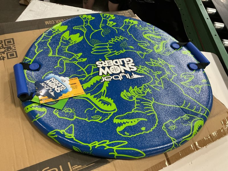 Condition photo showing New/Like New for flybar kids 26" foam saucer disc snow sled with slick bottom & pe core build for boys and girls ages 5+, holds up to 110 lbs - blue dinosaur