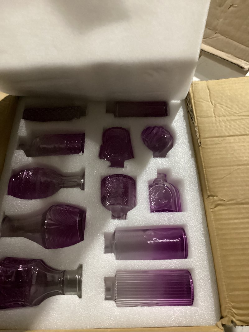 Condition photo showing As Is for ombré voilet purple glass bud vases set of 24, vintage embossed small flower vases for centerpieces, wedding table decoration, mini vase for baby shower - bulk decorative tiny flower holders set of 24 vases purple