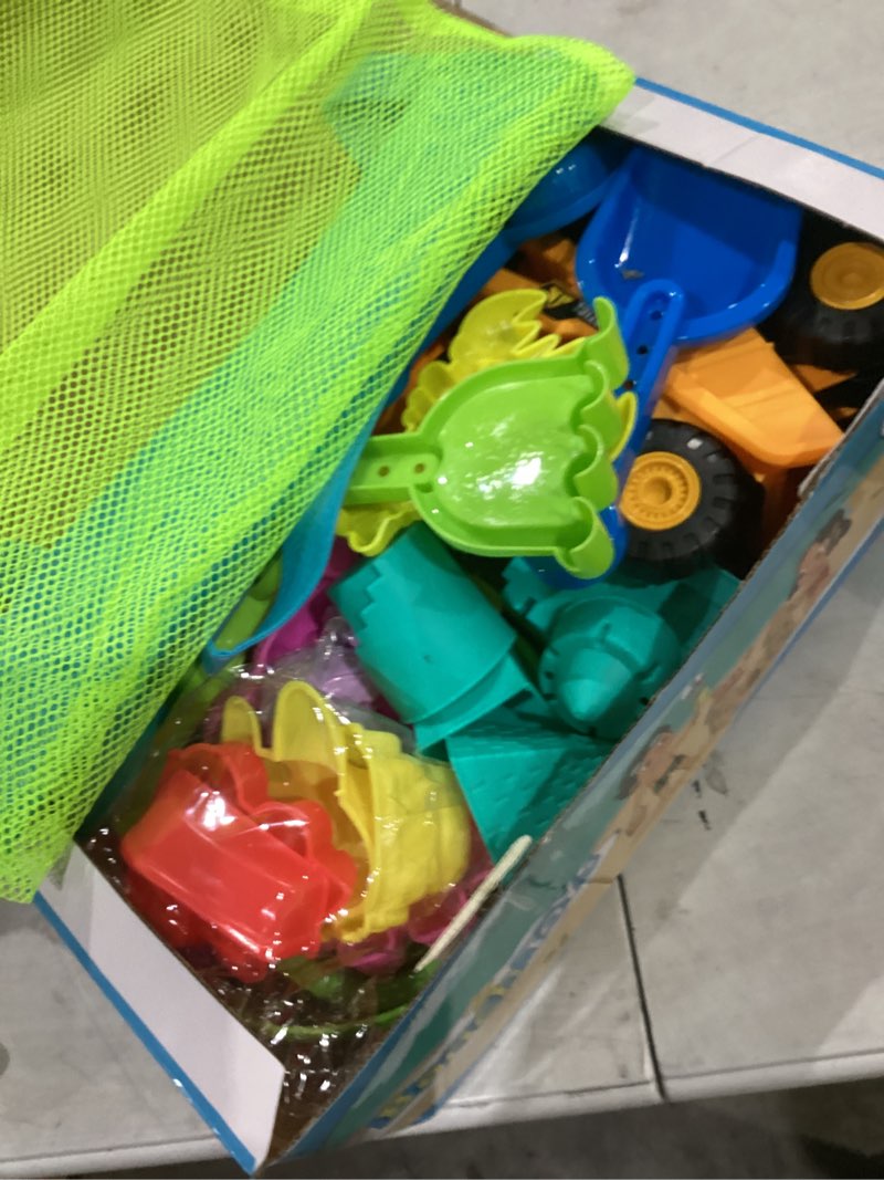 Condition photo showing New/Like New for Beach Toys, Sand Toys for Kids Boys and Girls with 2 Construction Vehicle, 2 Collapsible Bucket, Sand Castle Building Kit, Sand Molds, Mesh Bag, Outdoor Toys for Kids Ages 4-8 2 Bucket 2 Vehicle