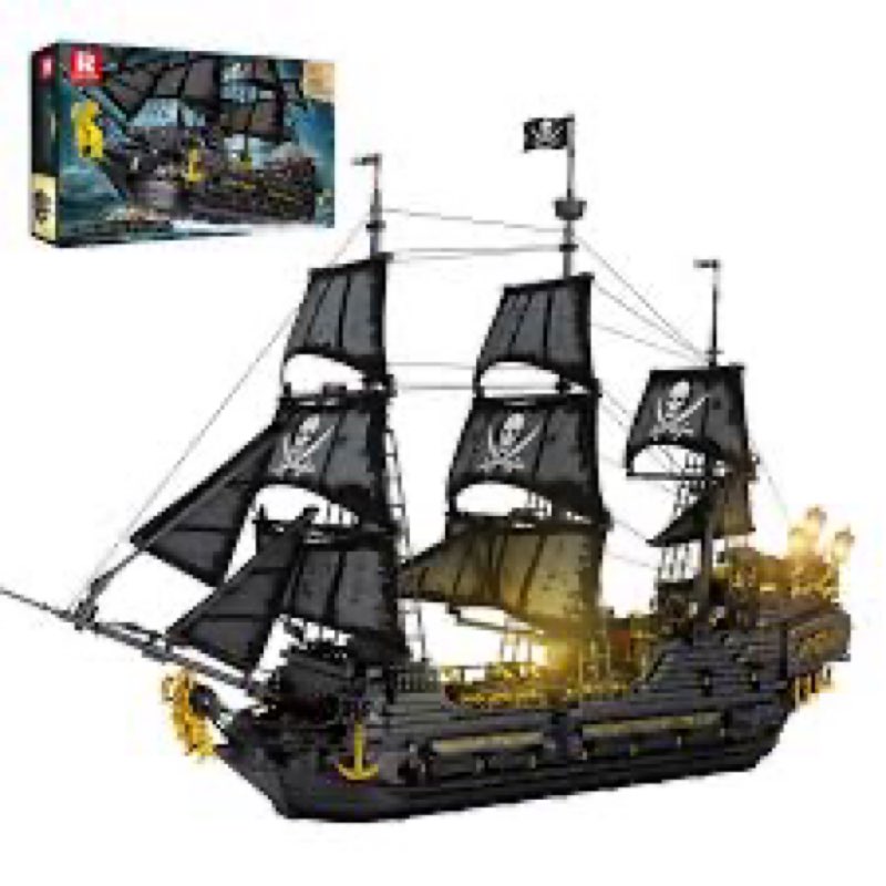 Reobrix Pirate Ship Building Set with LED Lights,Large Black Pearl Ship Model 66036,Pirate Ship Sail