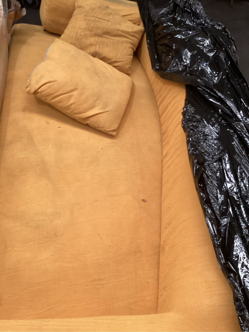 Condition photo showing Good Condition for (product may be damaged)compressed boneless couch 83'' no assembly needed floor sofa corduroy small couch for living room with 2 pillows & storage bag, memory foam cloud sofa for office apartment, yellow