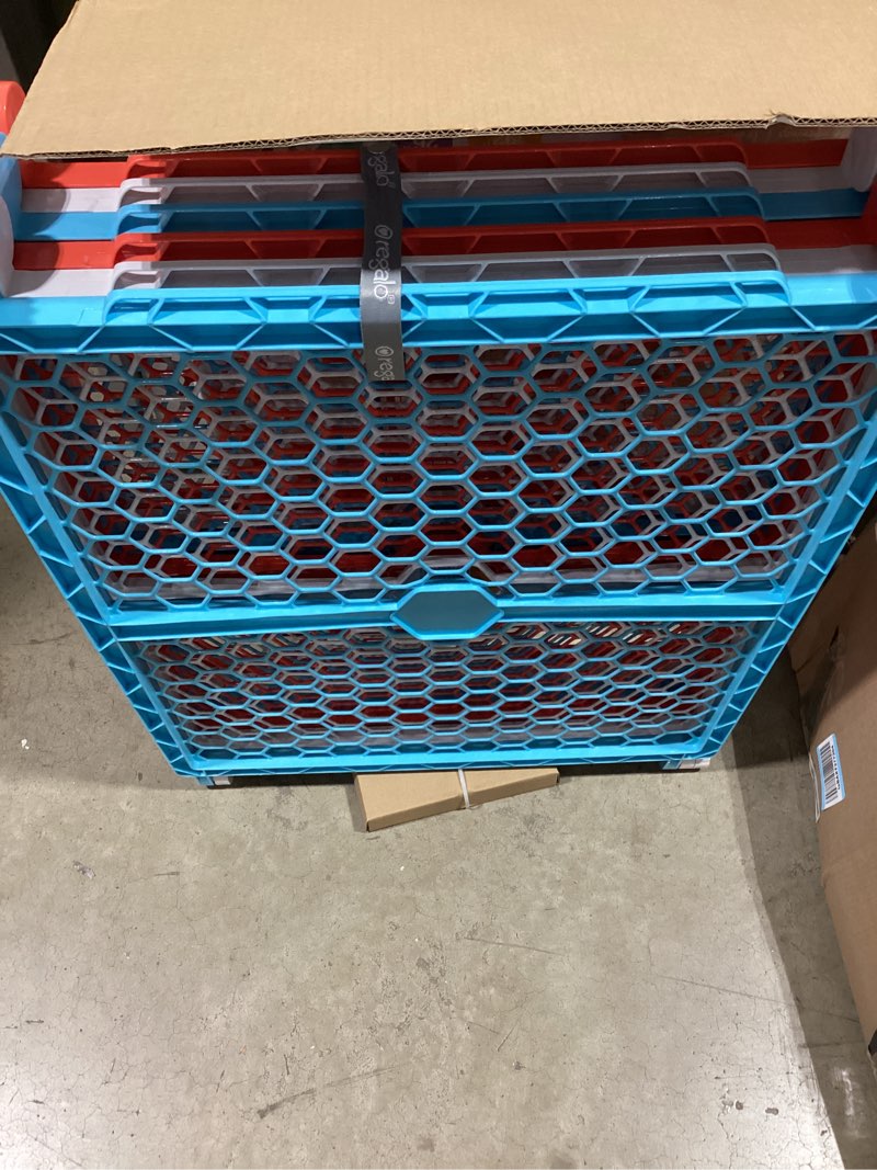 Condition photo showing Good Condition for regalo safety 192-inch super wide baby gate and play yard, 2-in-1 convertible plastic baby gate, extra wide safety barrier, hardware mounted, adjustable panels for openings, ages 6–24 months red, white and blue