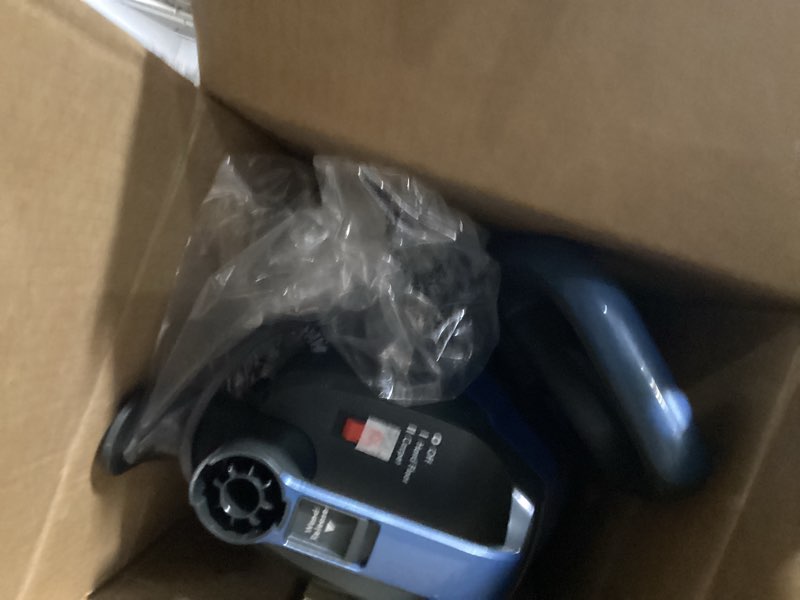 Condition photo showing As Is for vacmaster ub0302e bagged upright vacuum lightweight cleaner 2-motor power suction with hepa filtration, led headlight for pet hair, carpet and hardwood floor, blue 2.6l bagged upright vac