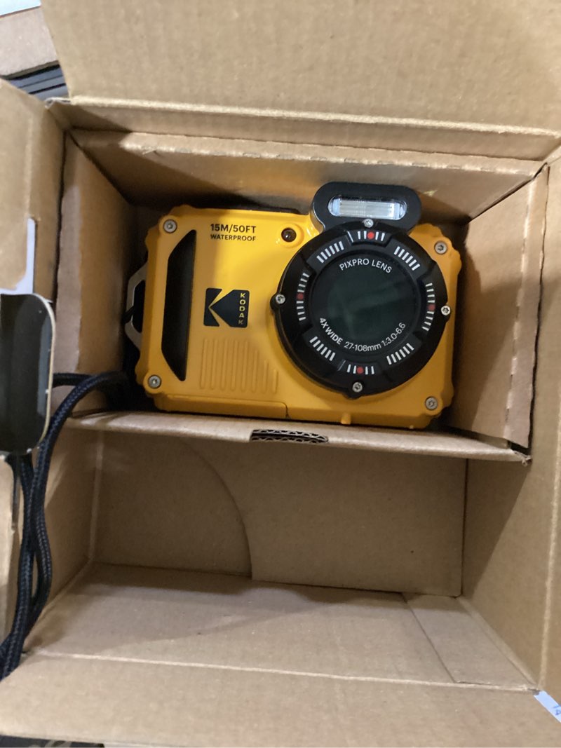 Condition photo showing As Is for kodak pixpro wpz2 digital camera (yellow) | 16mp sensor, 4x optical zoom, waterproof shockproof design & full hd video | great for outdoor & travel photos (wpz2yl) + 32gb card + case + cleaning cloth