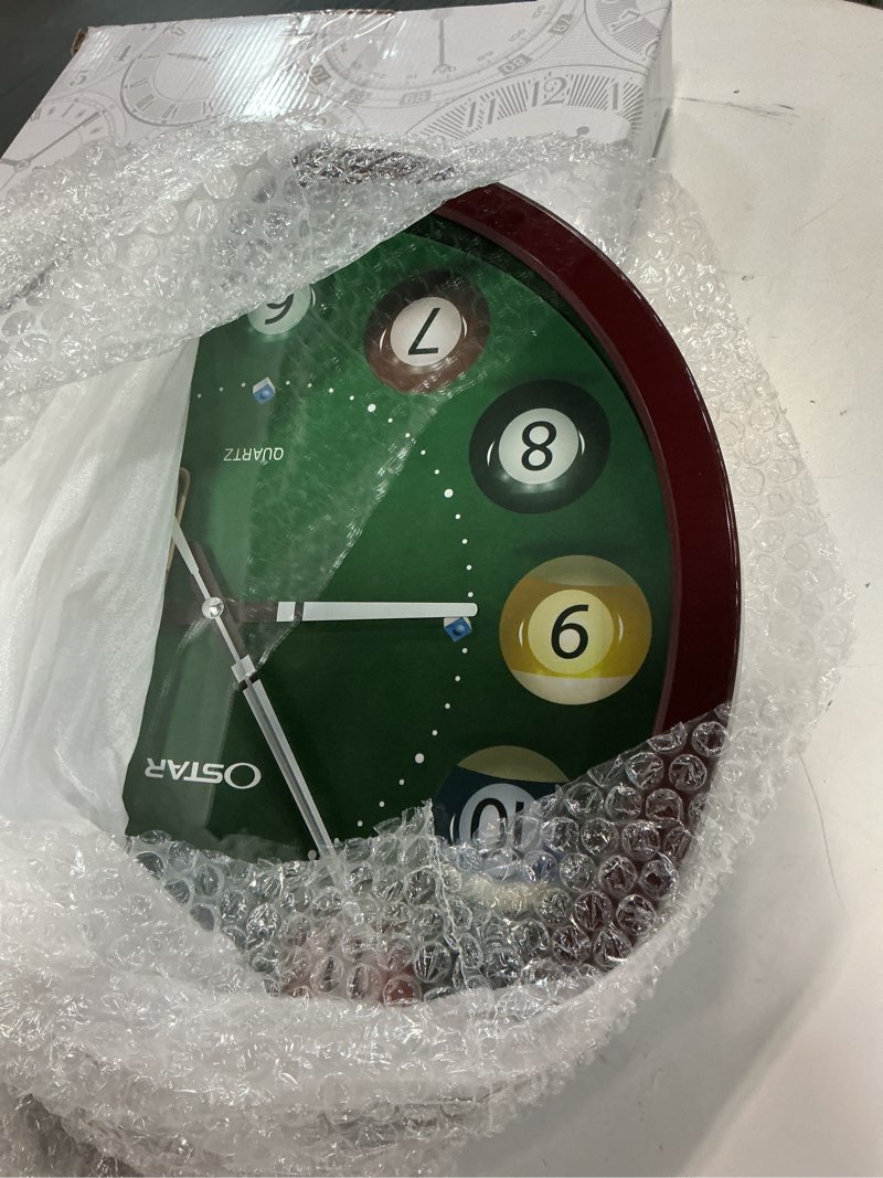 Condition photo showing Good Condition for OSTAR Big Large Billiard Pool Ball Wall Clock, Battery Operated, Cue Hand, Non Ticking Quality Quartz, 14" Snooker Game Brown-billiards 14Inch