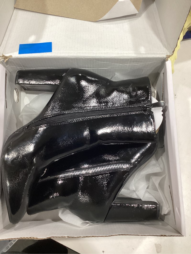 Condition photo showing As Is for DREAM PAIRS Women's Chunky Heel Ankle Booties Pointed Toe Short Boots 5.5 Black/Pat