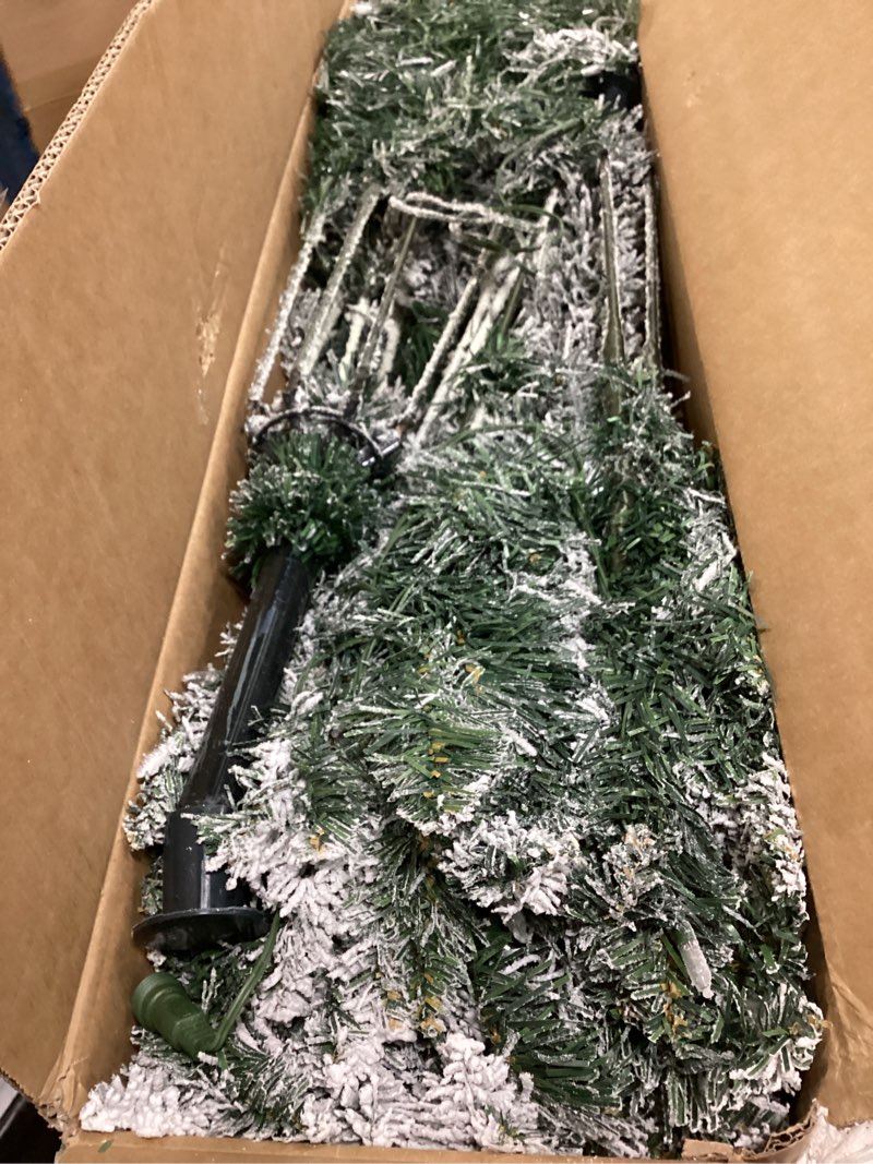 Condition photo showing As Is for SIMILAR*** 6 FT Prelit Snow Flocked Christmas Tree, Artificial Spruce Christmas Tree with 250 Warm White LED Lights, 850 PVC Branch Tips, Easy Assembly/Metal Stand/Hinged Branches Decoration PVC LED Cleae 6ft