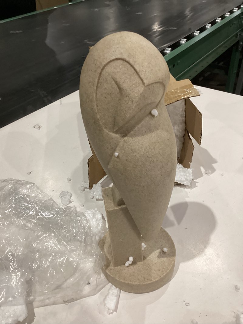 Condition photo showing As Is for modern minimalist owl sculpture, white resin decorative statue, contemporary home decor (owl looking down)