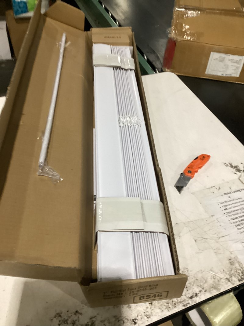 Condition photo showing Good Condition for lumino - 2" cordless flat slat faux wood window blinds for home - 34" w x 60" l - white, faux wood blinds for indoor windows, venetian room darkening blinds