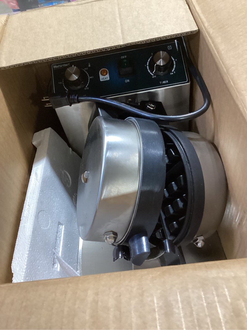 Condition photo showing As Is for hehinton® 110v 1300w commercial belgian waffle maker, 180 degree rotatable waffle baker machine with 122-572? temp control, 0-5min timer, ?7"x1.2" thick non-stick dough/batter round waffle maker