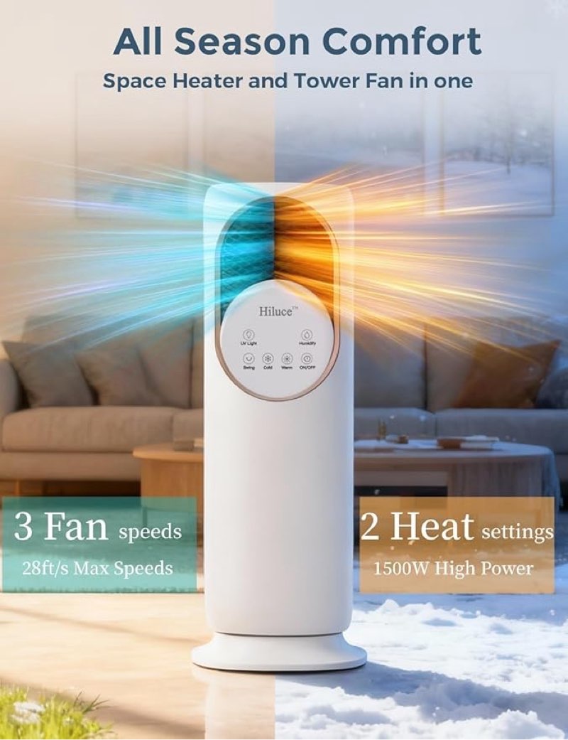 hiluce 4-in-1 tower fans that blow cold air for bedroom, bladeless fan and heater combo,28 ft/s quiet swamp cooler fan with ice packs,180° oscillating,2 heating & 3 cooling speed, 9h timer