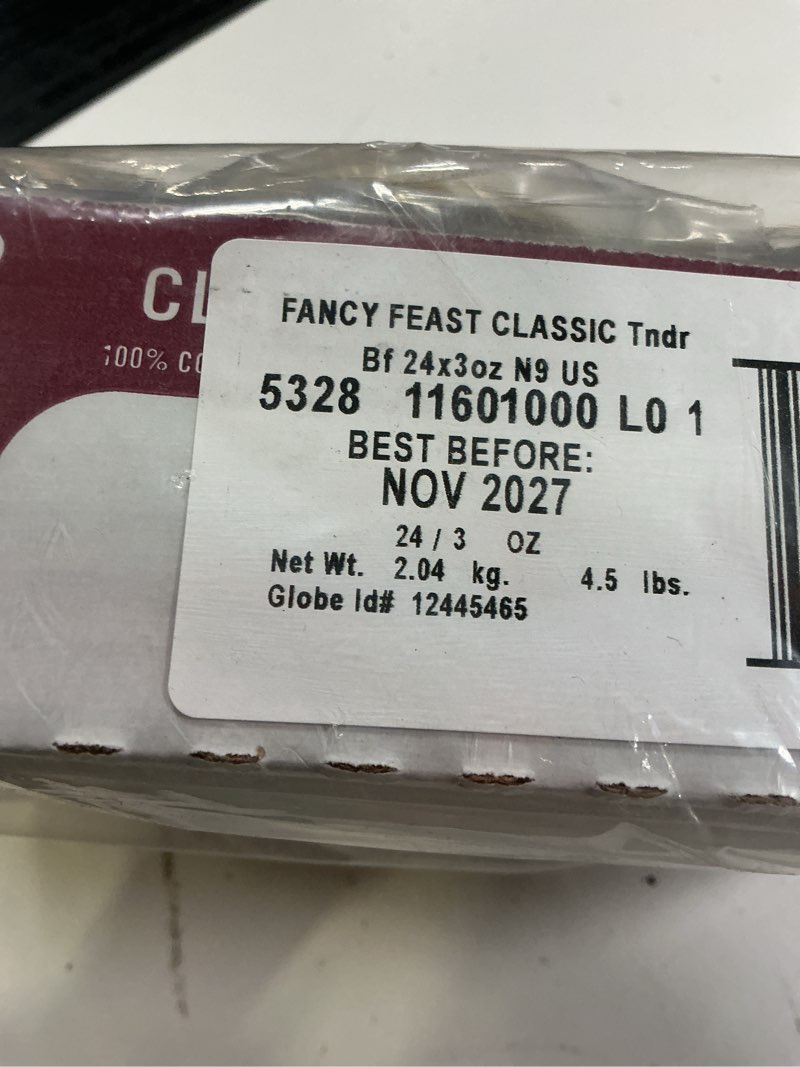 Condition photo showing New/Like New for purina fancy feast tender beef feast classic grain free wet cat food pate - (pack of 24) 3 oz. cans