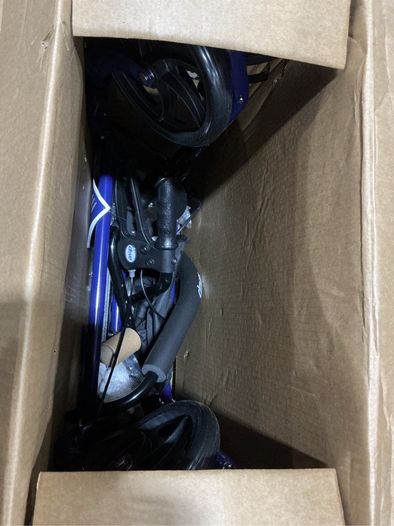 Condition photo showing As Is for drive medical rollator walker with seat - stable mobility support - height adjustable - durable steel frame construction - smooth 7.5" wheels - foldable - 350 lb limit - blue