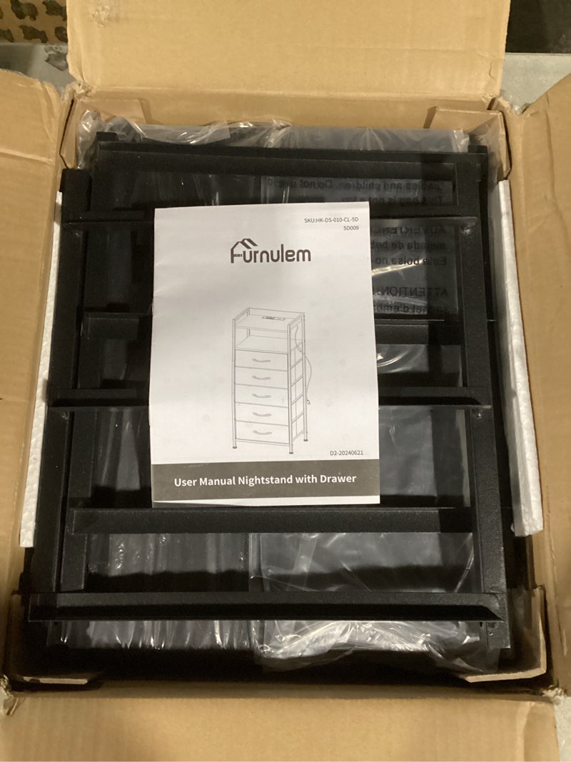 Condition photo showing Good Condition for Furnulem Night Stand with Charging Station, Tall Black Dresser for Bedroom, Nightstand with Led Light, Bed Side Table for Living Room, Fabric Storage Drawer, Metal Frame, Wood Furniture Black Oak 5 Drawer