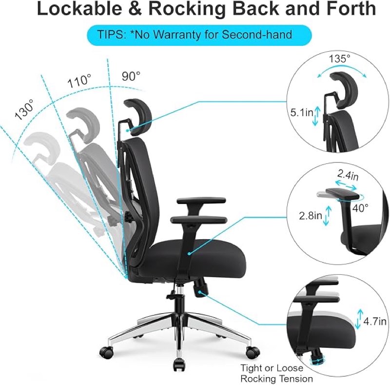 ticova ergonomic office chair - high back desk chair with adjustable lumbar support & 3d armrest - 130°reclining & rocking mesh computerchair with thick seat cushion & rotatable headrest