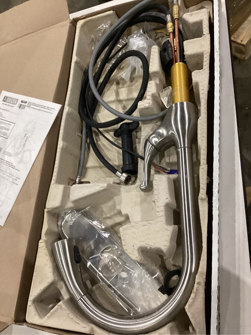 Condition photo showing As Is for Delta Boyd Brushed Nickel Kitchen Faucet with Pull Down Sprayer and Soap Dispenser, Modern Single Hole Kitchen Sink Faucet, Single Handle, SpotShield Stainless 19893Z-SPSD-DST