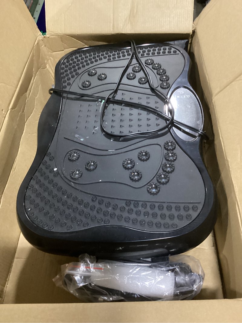 Condition photo showing As Is for vibration plate exercise machine, 130 levels full body workout vibrating plate for lymphatic drainage weight loss, 450 lbs capacity shake platform with resistance bands bluetooth for women men