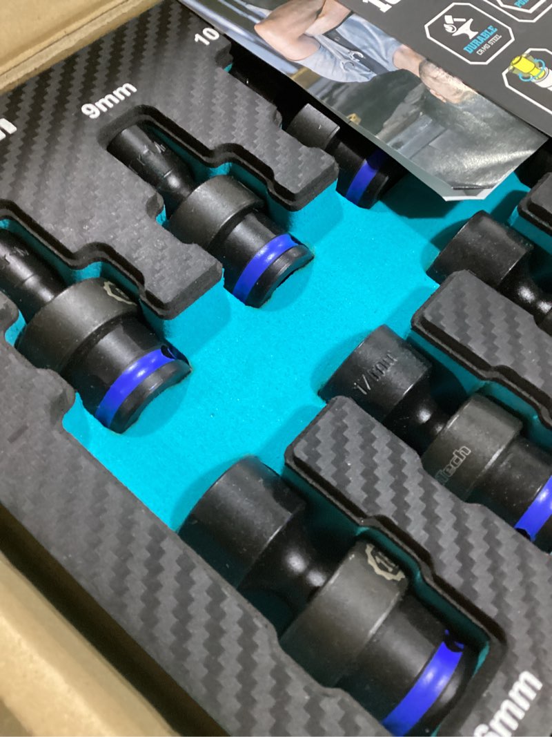 Condition photo showing New/Like New for duratech 3/8" drive impact universal joint socket set, swivel socket set, 16-piece, metric, 8-24mm, cr-mo steel, organized in eva foam organizer