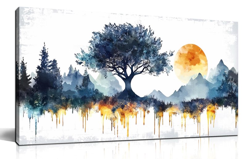 SIXTTART Tree Canvas Wall Art for Living Room - Mountain Pictures Wall Art for Office - Sun Wall Art for Bedroom Size 20" x 40"