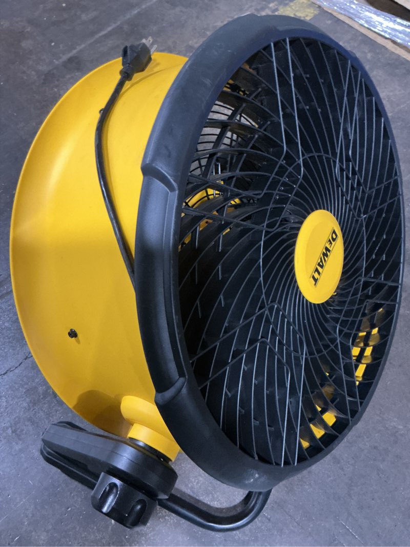 Condition photo showing As Is for dewalt 18-in high velocity indoor/outdoor industrial fan, battery powered, in yellow