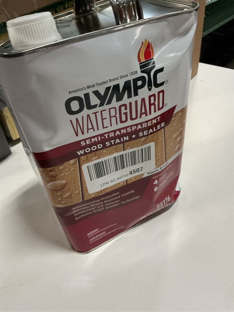 Condition photo showing New/Like New for Olympic WaterGuard 1 gal. Maple Brown Semi-Transparent Wood Stain and Sealer Maple Brown 1 Gallon No sheen