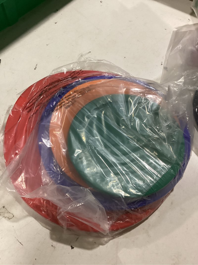 Condition photo showing New/Like New for pyrex (1) 322-pc green, (1) 323-pc orange, (1) 325-pc blue, and (1) 326-pc red mixing bowl lids (for pyrex mixing bowls only) - made in the usa red, blue, orange, green