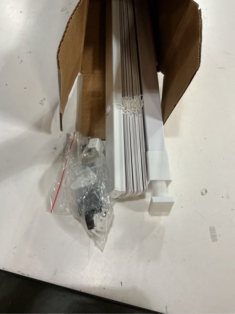 Condition photo showing As Is for lazblinds no tools no drill 1" vinyl mini blinds, cordless blinds for windows, light filtering horizontal window blinds & shades, 43" w x 48" h, white cordless-white 43" w x 48" h