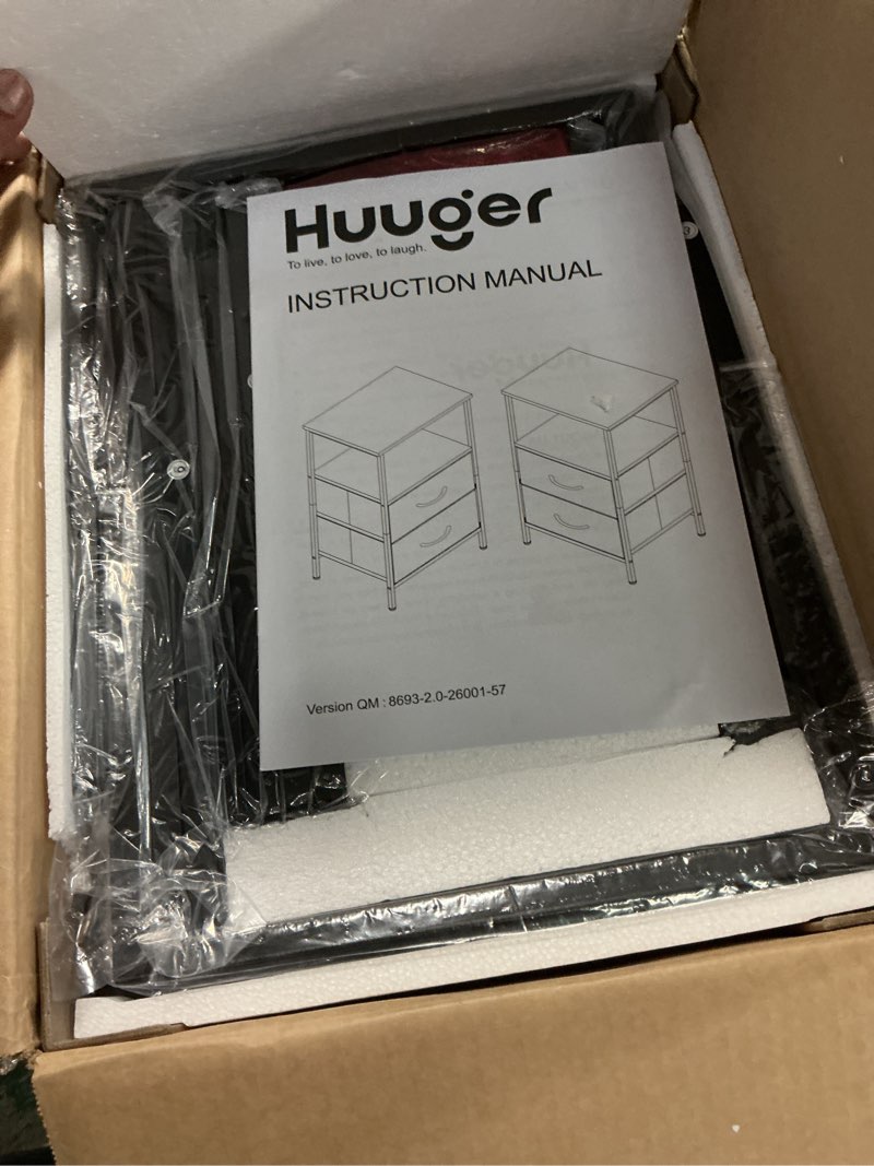 Condition photo showing Good Condition for huuger night stand set of 2, nightstand with 2 drawers, bed side table with open shelf, wooden top, end table, fabric drawer, for bedroom, black black 2