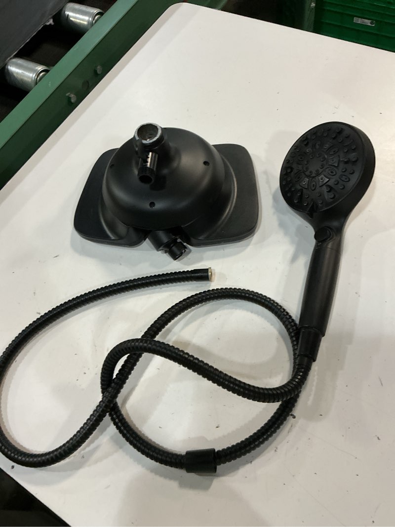 Condition photo showing As Is for inavamz black shower heads with handheld spray combo 2.5gpm: 10” rainfall shower head & detachable shower head, 9 spray settings handheld shower head with on/off switch and 15-stage filter 10 inch-2.5 gpm black
