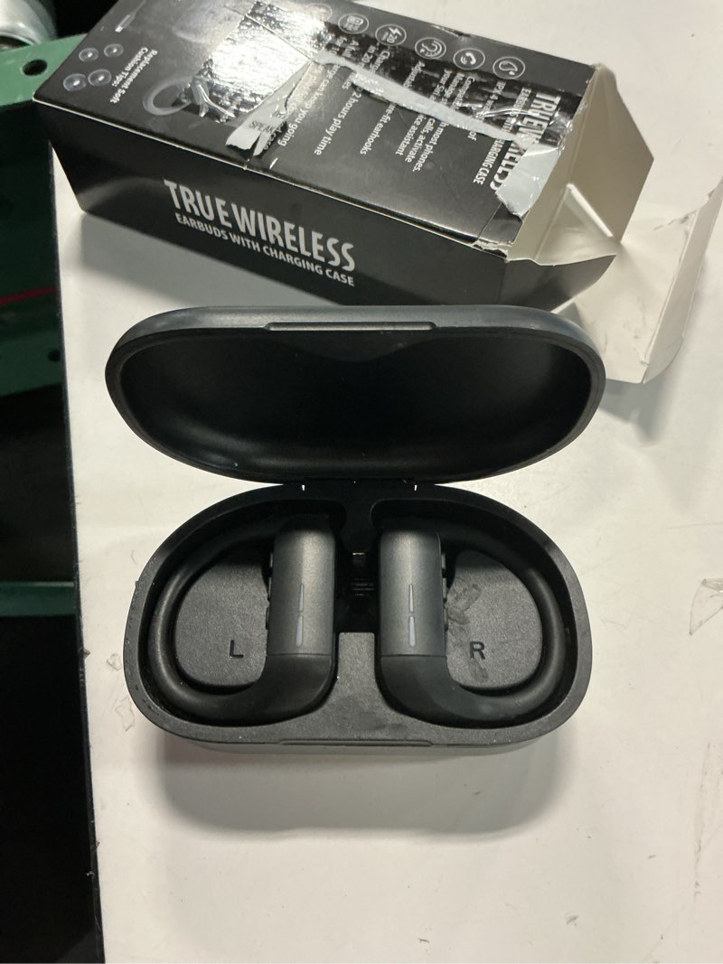 Condition photo showing As Is for sport wireless earbuds bluetooth 5.3, headphones built-in mic in ear sports headset with earhooks charging case for sports ,running, gym, exercise