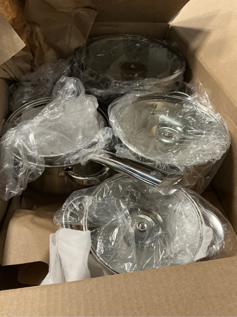 Condition photo showing Good Condition for daniks standard 9-piece stainless steel cookware set with glass lids, includes saucepan, tri-ply bases for even heating, induction compatible, dishwasher safe, built-in measuring scale, silver 9-piece set