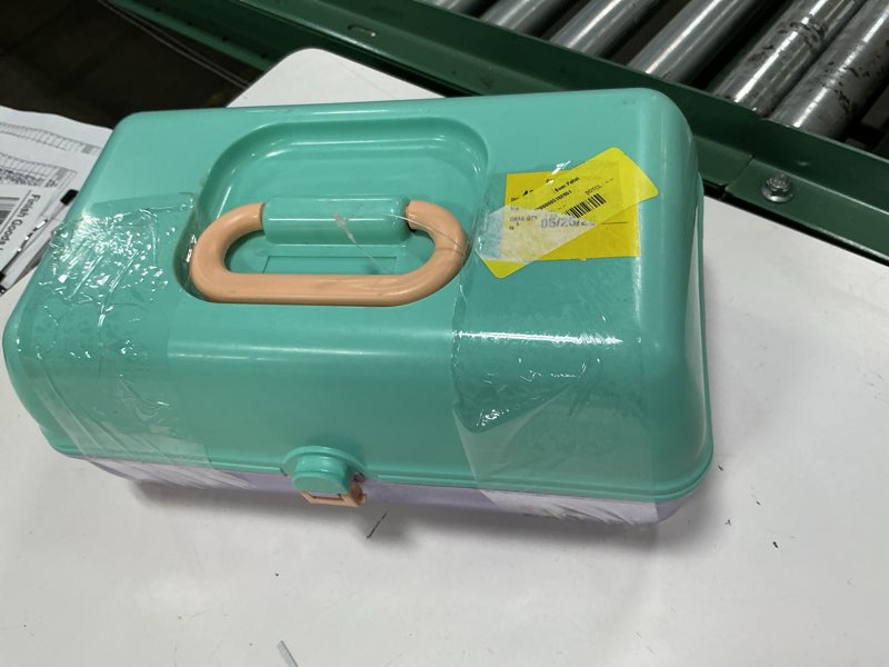 Condition photo showing Good Condition for caboodles on-the-go girl makeup box, seafoam on lavender, hard plastic makeup organizer box, built-in mirror, secure latch for safe travel, spacious storage for large items