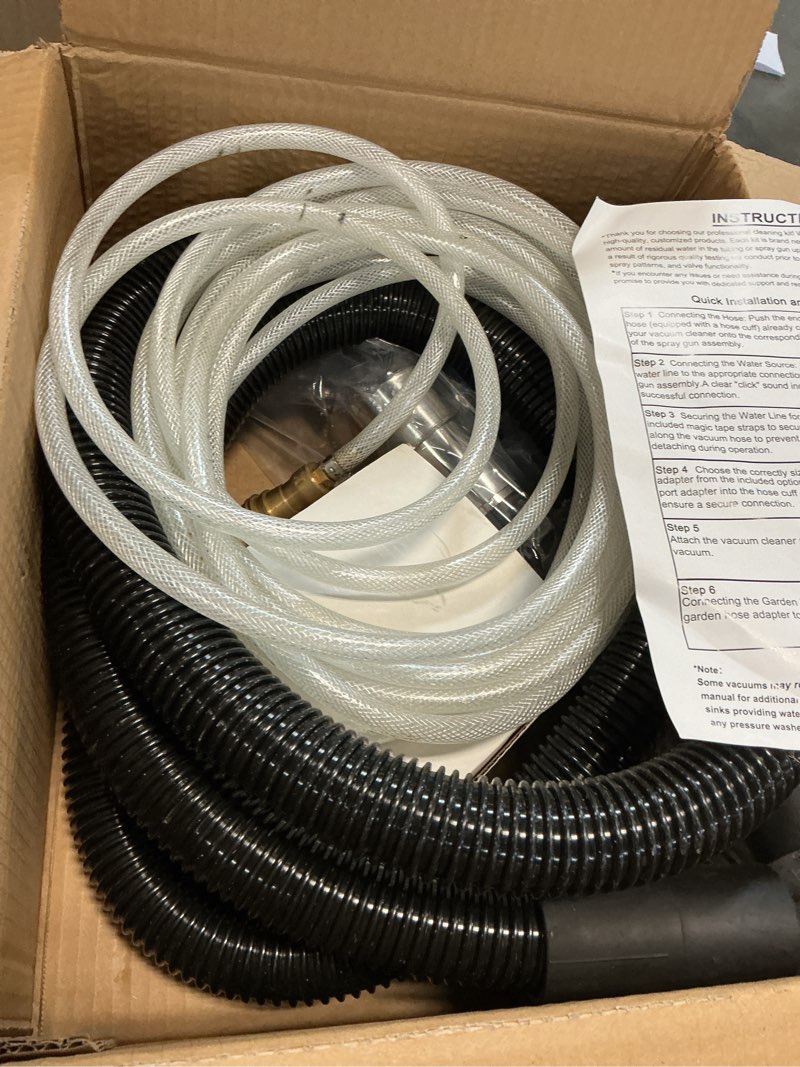 Condition photo showing As Is for Better Extractor Hose Kit for Shop Vac, Universal Shop Vac Extractor Kit with 25FT Waterline, 11FT Vacuum Hose& Adapter, Converts Vacuum to Upholstery Extractor for Auto Detailing & Home Cleaning