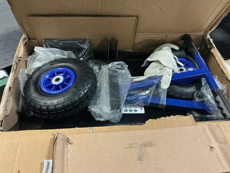 Condition photo showing As Is for Garvee Snow Shovel with Wheels, Heavy Duty Double Rod Wheeled Snow Pusher with 29" W ×14" H Metal Blade, Angle & Height Adjustable Handle for Driveway Sidewalk Yard, Blue Blue+Black 29" W ×14" H