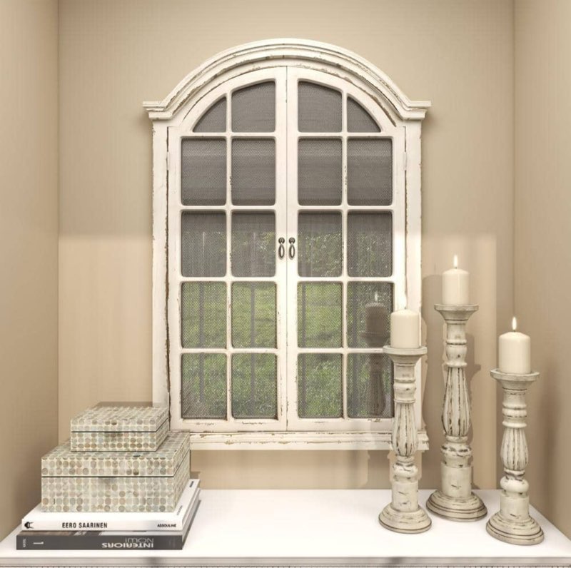 DecMode 31  x 45  Cream Window Pane Inspired Wall Mirror with Arched Top and Distressing