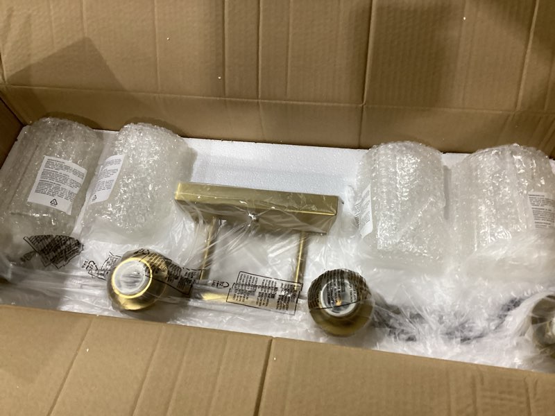 Condition photo showing Good Condition for jonsi brushed gold bathroom light fixtures, 4-light brushed gold vanity light, bathroom vanity light with stripe glass shade, e26 wall sconces over mirror for bathroom, living room, hallway 4 light 31.1 inch