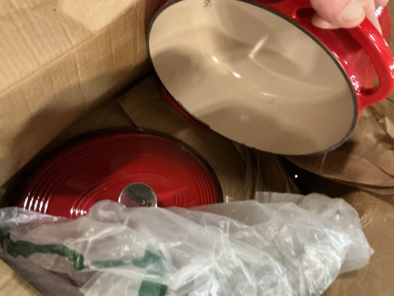 Condition photo showing As Is for Lodge 3 Quart Enameled Cast Iron Dutch Oven with Lid – Dual Handles – Oven Safe up to 500° F or on Stovetop - Use to Marinate, Cook, Bake, Refrigerate and Serve – Island Spice Red