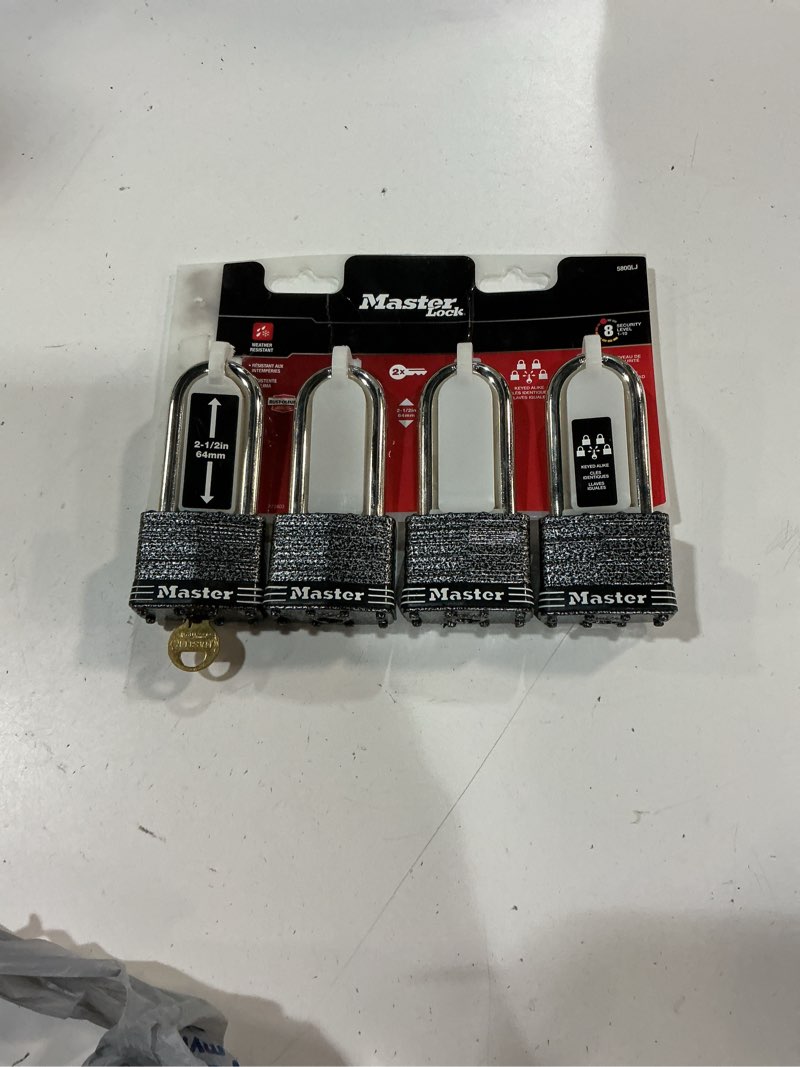 Condition photo showing Good Condition for master lock outdoor keyed padlock, 2-in wide x 2-1/2-in shackle keyed alike (4-pack)