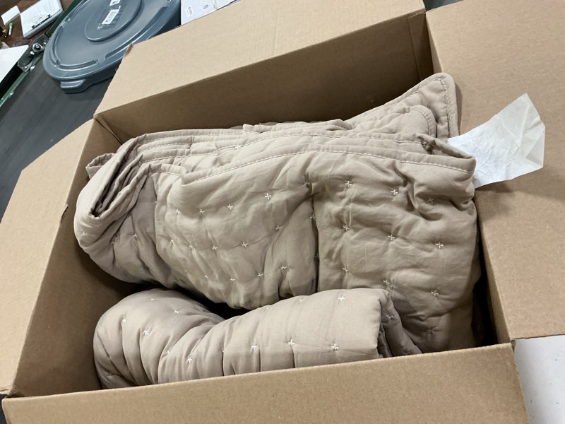Condition photo showing As Is for wdcozy beige cloud quilt set king size, lightweight soft cross stitch bedspread, textured like linen, farmhouse rustic country coverlet, spring summer thin comforter, 3 pieces, 104x90 inches heathered beige king