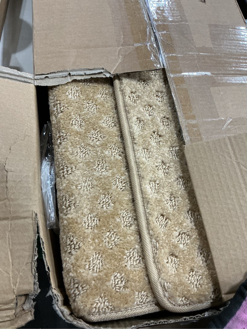 Condition photo showing Good Condition for bullnose stair treads non slip 9.5" x 36", 2 pcs carpet stair treads for wooden steps indoor with edge protection, reusable peel and stick tpu backing stair runner rugs - lattice pattern beige 9.5*36 inch beige (lattice pattern) 2