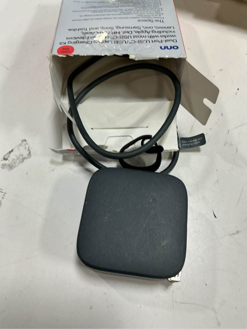 Condition photo showing As Is for onn gan 65w 12w laptop charger compatible for apple, dell, hp, asus, acer, lenovo, samsung, sony ,grey