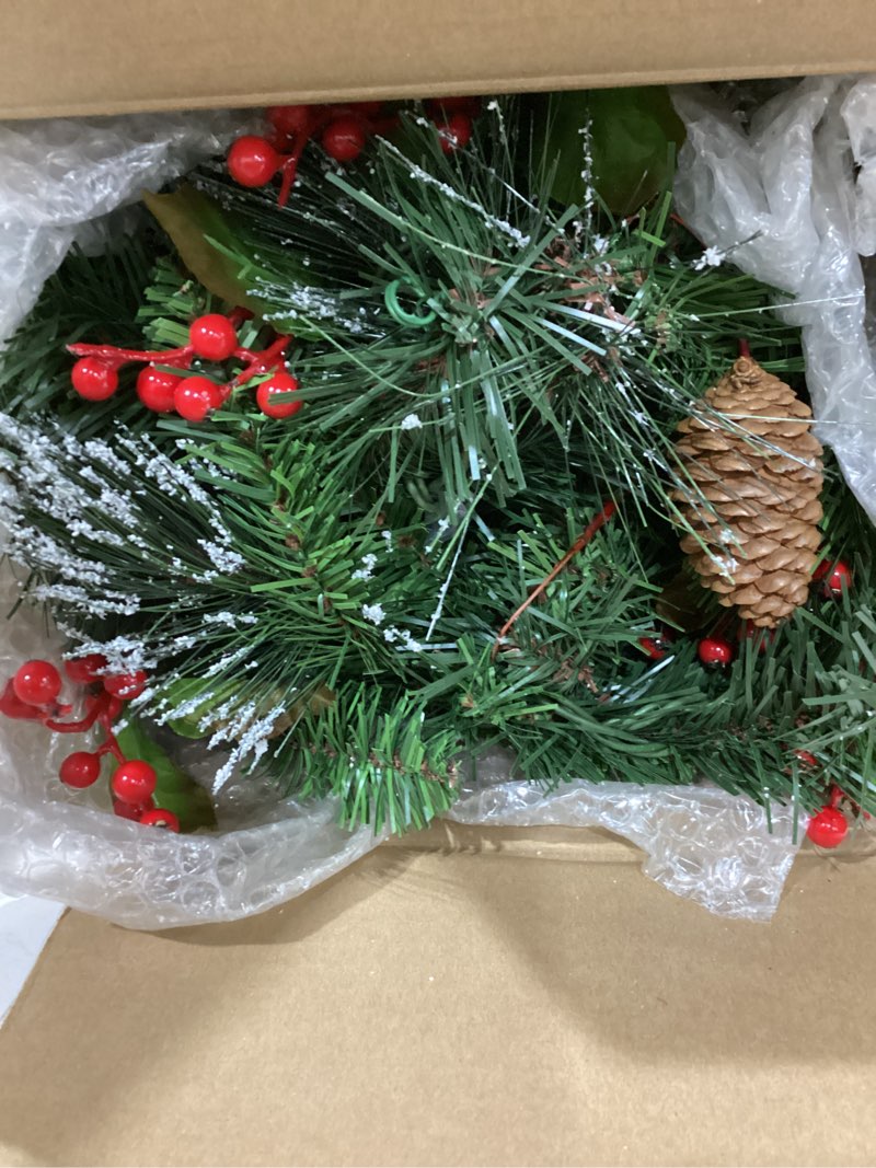 Condition photo showing Good Condition for national tree company 9 ft pre-lit wintry pine flocked artificial christmas garland, christmas decoration with pinecones, red berries, 100 clear lights, 184 tips, green