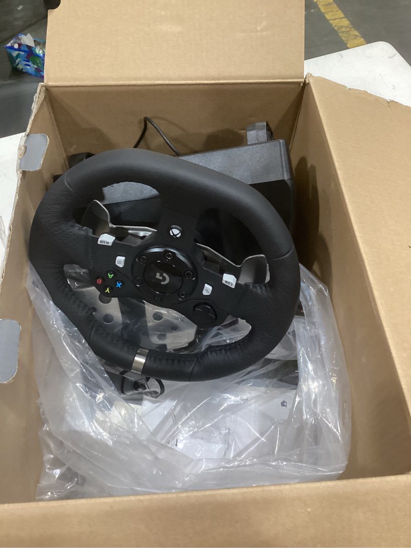 Condition photo showing As Is for logitech g920 driving force racing wheel and floor pedals, real force feedback, stainless steel paddle shifters, leather steering wheel cover for xbox series x|s, xbox one, pc, mac - black