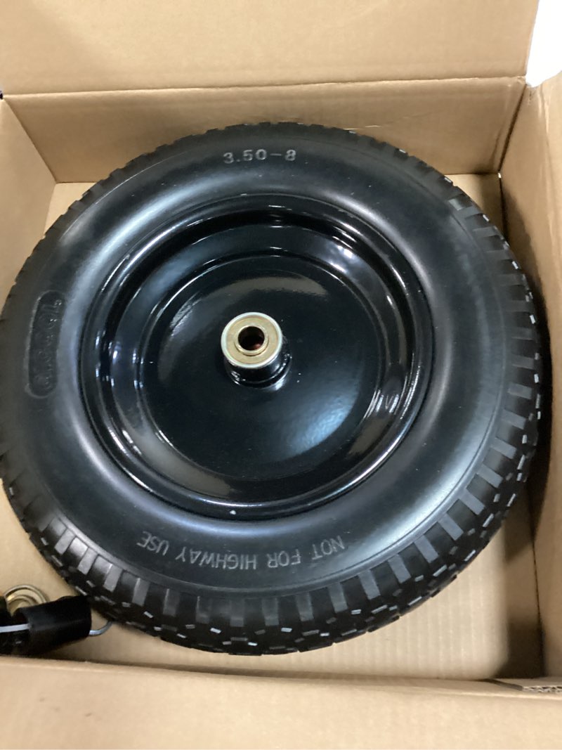 Condition photo showing Good Condition for 14.5" Wheelbarrow Tire, Fit 4.00/4.80-8, 3.50-8" Flat-free Solid Tire and Wheel with 5/8" Axle Bore Hole, 3-6" Centered Hub for Wheelbarrow Trolley Dolly Lawn Mover Go Kart Replacement